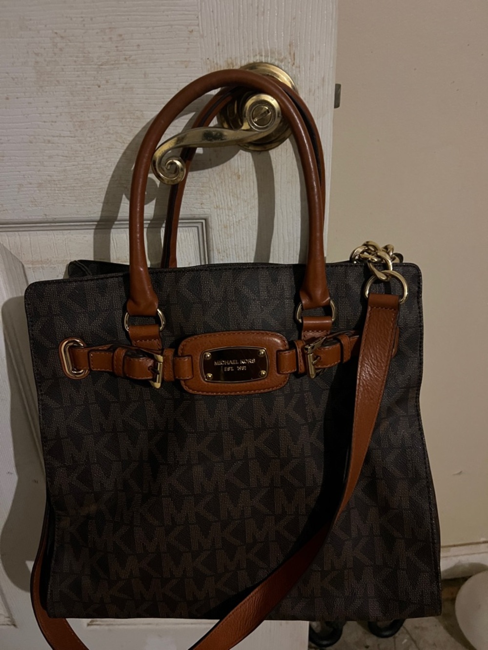 Michael Kors Brown Logo Tote with Tan Leather Accents